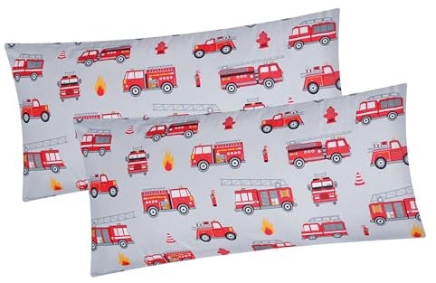 2er Set Kissenbezug in 40x80 cm Renforcé 100% Baumwolle - Feuerwehr grau rot - Kopfkissen-Bezug, Kissenhülle, Dekokissenbezug, Kinder (EW-Feuerwehr-40x80)