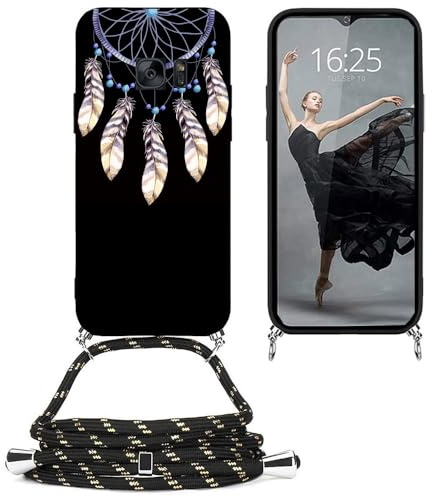 EuoDuo Kompatibel mit Samsung Galaxy S7 Hülle mit Band Handyhülle Handy Kette Schwarz Silikon Muster Motiv Schutzhülle Kordel zum Umhängen Necklace Halskette Cover - Blau Traumfänger