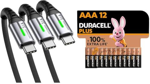 INIU USB C Charger Cable, [3 Pack, 2+2+0.5m] USB A to USB C Cable 3.1A Fast Charging & Duracell Plus AAA Batteries (12 Pack) - Alkaline 1.5V - Up To 100% Extra Life