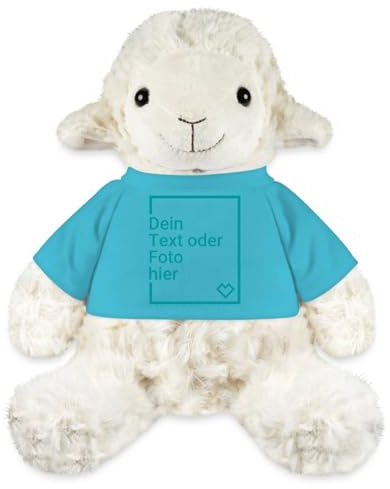 Spreadshirt Personalisiertes Kuscheltier Schaf Mit Foto Oder Wunschtext | Plüschschaf Annika Selbst Gestalten | 21 x 20cm, One Size, Atollblau