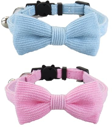 SSKHE 2 ultraweiche Katzenhalsbänder, natürlicher Baumwollkord mit Glöckchen, Schnellverschluss, Kätzchen-Schnalle, abnehmbare Fliege, verstellbare Haustierhalsbänder