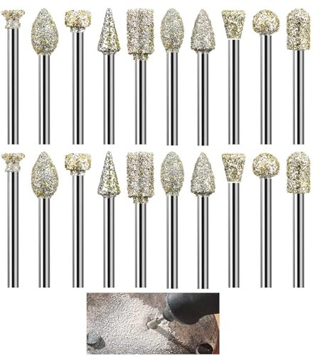 20 PCS Ensemble de Fraises Rotatives Diamant, Ensemble de Fraise Diamantées pour Sculpture Jeu de Mèches de Gravure pour Outil Rotatif Meulage Polissage Gravure de Bricolage perçage Bijoux Verre