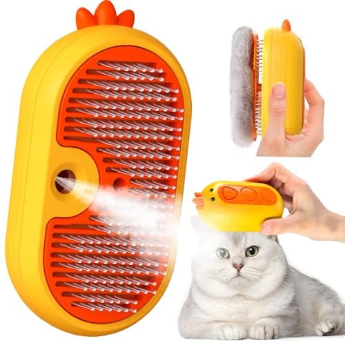 Brosse Chat Vapeur avec Bouton de Déverrouillage, Rechargeable Brosse Vapeur pour Poils Longs et Courts Chats Chiens Lapins, Autonettoyant Brosse pour le Toilettage des Animaux de Compagnie