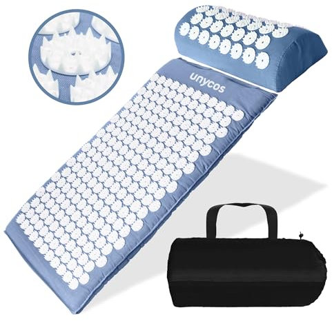 unycos - Akupressur-Set, Akupressurmatte mit Kissen und Tragetasche, Akupunkturmatte gegen Nacken- und Rückenschmerzen, Nadelreizmatte, 230-Pin, 26-Punkt-Massagematte für Frauen/Männer (Hellblau)