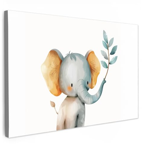 MuchoWow© Bild auf Leinwand Schlafzimmer Bilder Kinderzimmer Wand Deko | 120x80 cm - Modern Wanddeko Bilderwand Geschenk für Kinder Elefant - Aquarell - Wilde Tiere