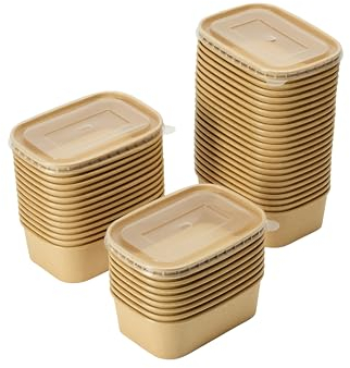 WPARHUS 50 pcs X 750ml Kraft Food Containers with PP Lids Rectangular Takeaway Box, Kraft Paper Salad Box, Take Out Salad Box, Oil and Water Resistant, for Takeaway, Fitness Lunch, Salad (Case of 50)