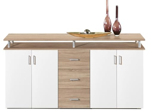 möbelando Highboard mit Ablage in Sonoma/Eiche Abs. weiß, 4 Türen, 2 Einlegeböden, 3 Schubladen - 178 x 90 x 38 cm (B/H/T) Kommode, Sideboard, Standschrank, Anrichte, Beistellschrank