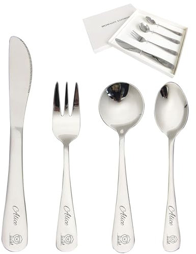 Personalized Cutlery Set for Kids Children Toddler Cutlery 4pcs Engraved Knife Fork Spoon Stainless Steel Cutlery Set Christening Christmas Gifts for Boy Kids Girls Cutlery Gifts (Lion)