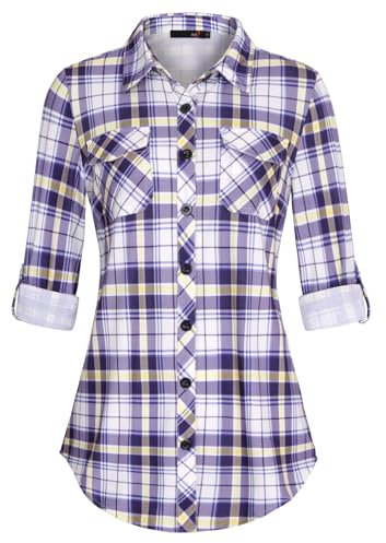 DJT Damen Weiches Gestrick Karierte Bluse Langarm Oberteile Roll Up Ärmel Hemdbluse Tunika Button Down Blusen Top Lila Kariertes M