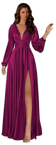 Vestidos de dama de honor de satén de manga larga para mujer, con cuello en V, vestidos de graduación, plisados, vestido de noche formal con bolsillos, fucsia, 7XL Grande