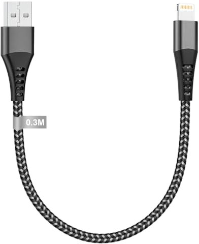 Cable iPhone Corto 30CM[Certificado MFi], Cable Cargador iPhone 0.3M Cable Lightning USB Corto Nylon Cable USB iPhone Charger Cable Carga Rapida para iPhone 14 13 12 11 Pro Max/XS/XR/8/7/6/5/SE/iPad