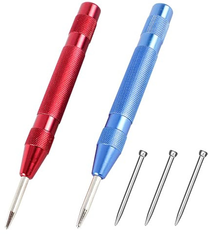 Automatic Centre Punch, Pack of 2 Automatic Centre Punch with 3 Replacement Tips, Automatic Hole Punch, Automatic Spring Punch, Adjustable Tension Spring Centre for Metal, Wood, Glass, Thin Steel