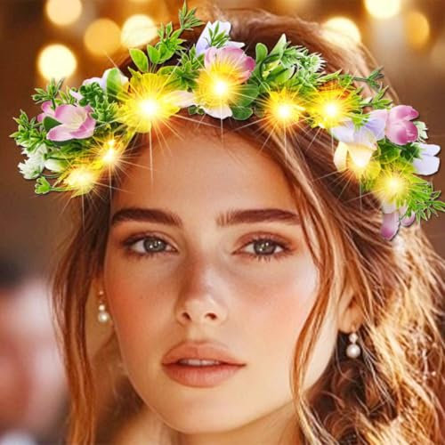 Jovono Leuchtendes Blumenkronen-Kopfstück, LED-Blumenkranzkronen, Feenkrone, Hochzeits-Haaraccessoires für Frauen und Bräute (Warm, Free size)