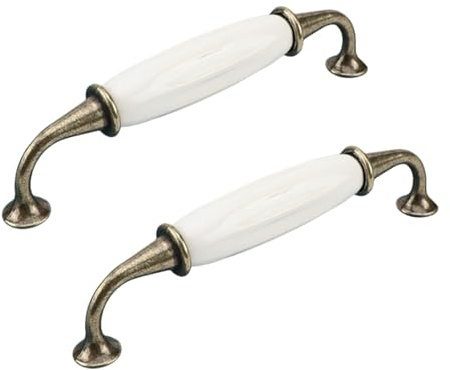 RSWZSFL 2 Stück Keramikgriffe Vintage Schubladengriffe Schranktürgriffe Möbelgriffe Zinklegierung Schrankgriffe Türgriff Keramik Griffe Retro Möbelknöpfe für Schränke Tür (Bronze+White,Pitch:128mm)
