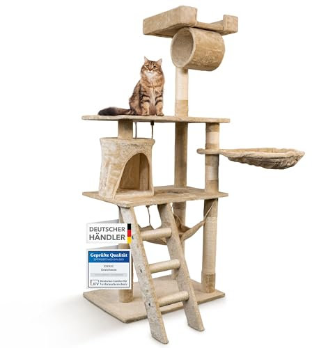 Foxdevil by xonic® Stabiler Kratzbaum für Katzen - Vielseitiger Katzenkratzbaum mit Aussichtsplattform, Hängematte, Kuschelhöhle, Spielkordel, Treppe – 141 cm Hoch – (Beige V1)