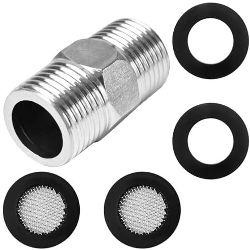 CONJURAIDE Raccord double 1/2 (diamètre 20 mm), rallonge de tuyau de douche, tuyau flexible, adaptateur de robinet 1/2, avec 2 éléments filtrants et 2 joints pour tuyaux, valves