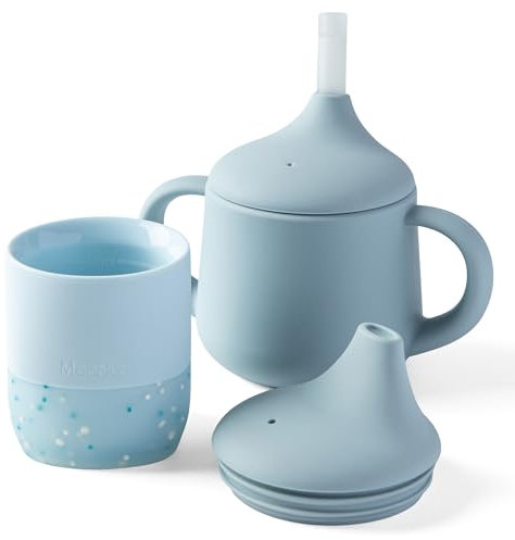 Moonkie Baby Sippy Cup Set, Silicone Baby Cups 2oz & 3 Stages Toddler Training Bottle 4oz, Weaning Essential for 4M+, BPA Free, with Capacity Markings, for Toddler 6-12 Months(Ether Set)