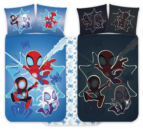 Spidey Kinderbett Bettwäsche Set 100x140 cm + Kissenbezug 40x45 cm 100% Baumwolle | Nachtleuchtender Stil Babybettwäsche Set perfekt für Kinder | Spiderman weiche Wendebettwäsche für Jungen und
