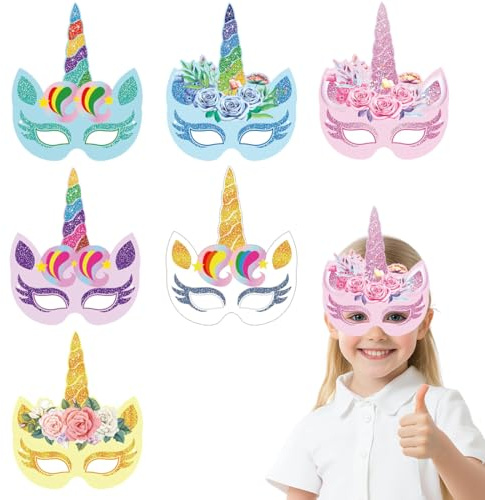 KOQAIIZ 6Pcs Einhorn Kreativ Partymasken, Einhorn Masken Bastelsets, Einhornmaske Set, Einhorn Motto Maske, für Heimdekoration, Cosplay, handgefertigte Graffiti
