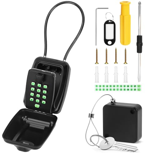 Key Safe Wall Mounted Police Approved - Portable Key Lock Box Outdoor with Removable Shackle, Retractable Tether & Illuminated Button Stickers - Large Key Box for Home Office, Free of Installation