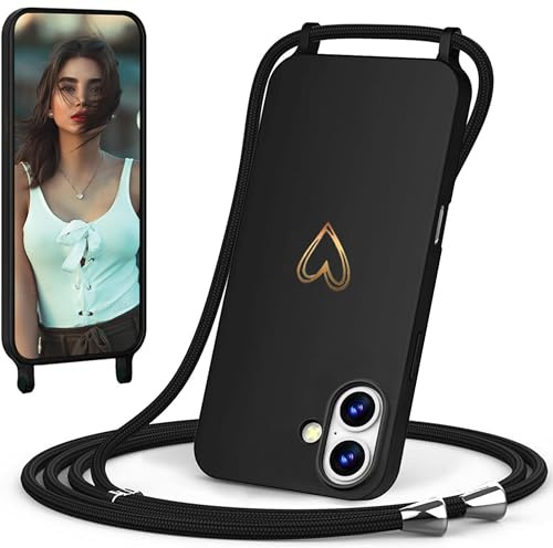 CaseLover Handyband kompatibel mit iPhone 17 Hülle mit Band, Schwarz | Herz Muster, Silikon Necklace Handyhülle mit Abnehmbar Kordel zum Umhängen, Stossfest Bumper Handy Schutzhülle Case 6.3