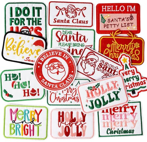 15PCS Christmas Iron On Patches Embroidered Holiday Sayings Text Phrase Appliques Merry Christmas Santa Ho Ho Ho – DIY Sew or Heat Transfer Patch Set for Clothes Jackets Hats Backpacks
