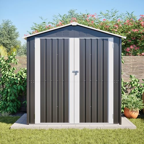 Yihomfy Metall-Geräteschuppen mit Bodenplatte 185x142x185 cm – Garten-Aufbewahrungshaus für Geräte & Zubehör – Robustes Outdoor-Lager Grau