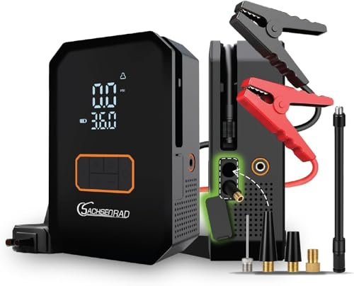 SachsenRAD Avviatore Batteria Auto con Compressore, Avviatore Emergenza per Auto/Moto 12V (Tutti Gas 12L Diesel) Booster Avviamento LED/Ricarica USB-C