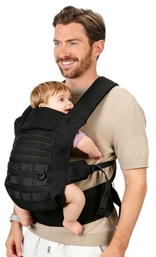 PDBEST Babytrage für Papa, Ergonomische Baby Trage mit Hüftgesunde (4-36 Monate), 3-in-1 Baby Carrier für 3,5-15kg, Leicht, Atmungsaktive, Einhandbedienung für Unterwegs & Reisen Schwarz