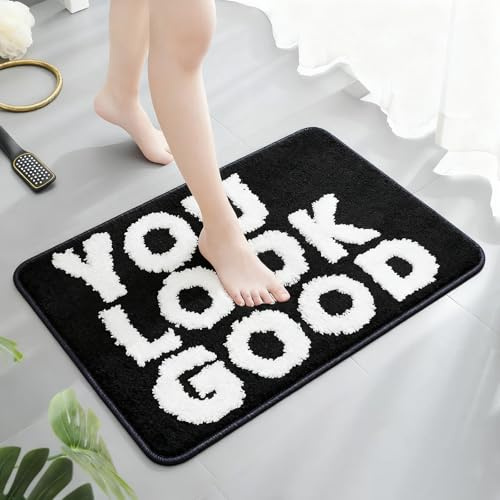 Badezimmerteppich Schwarz Weiß Badematten, Klein Badematte Rutschfest Waschbar Badteppich, Bath Mat Weiche Mikrofaser Duschvorleger Flauschig Badvorleger Absorbierende Badezimmer Matte Teppich 40x60cm
