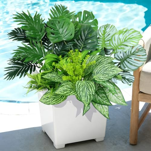 YUGYUM 10PCS Artificial Plants Indoor Outdoor UV Resistant, Large Areca Palm, Faux Monstera Plant, Faux Greenery Stems Bushes Ferns Decorative Foliage for Home Balcony Garden Window Decor