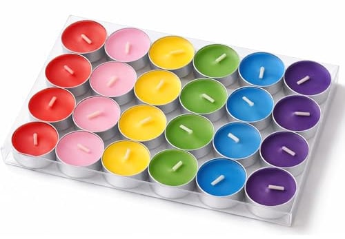 Artisoul 24 Bunte Teelichter, 4 Stunden, Unbeduftete Paraffin Teelichter, Ø 3,8 cm, Sauber Brennende Kerzen für Hochzeit, Geburtstag, Weihnachten, Tischdeko, Gastronomie und Zuhause