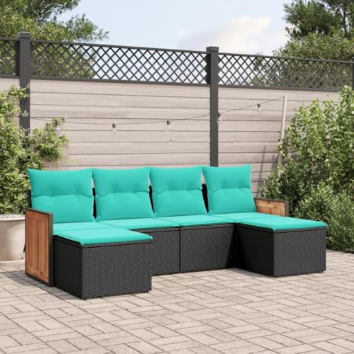QUAHEAS 6-teiliges Gartensofa-Set aus schwarzem Polyrattan mit blauen Kissen, modulares Outdoor-Möbelset für Terrasse und Balkon, UV-beständig