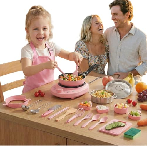 Mini Juego de Cocina para niños、24 Juguetes con Estufa eléctrica Funcional y Utensilios de Cocina de Acero Inoxidable Seguros. Kit de Cocina para Principiantes (Pink)