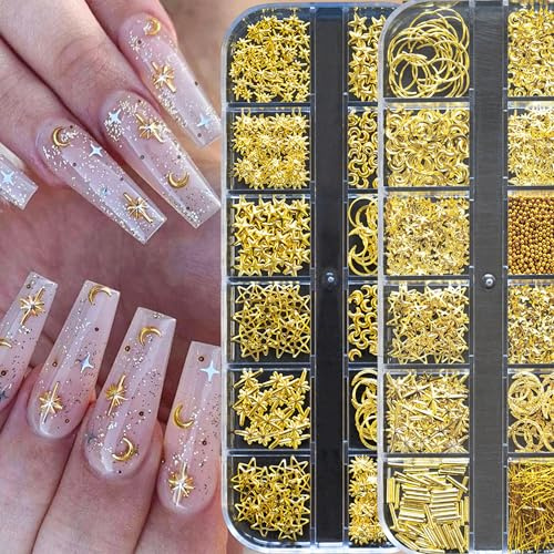 Durdiiy 2 Boxes Set 12-Grid Mixed Nail Metal Decorations, Gold Metal Nail Charms, 3D Nail Art Accessories, DIY Manicure Decoration Kit for Women Girls