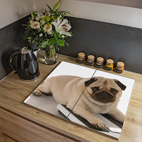 banjado® Herdabdeckplatte Glas 2-teilig 60x52 cm/Schneidebrett Herdabdeckung mit Motiv Mops/Herdabdeckplatten Ceranfeld 2teilig / Schneidebrett Glas individuell einsetzbar