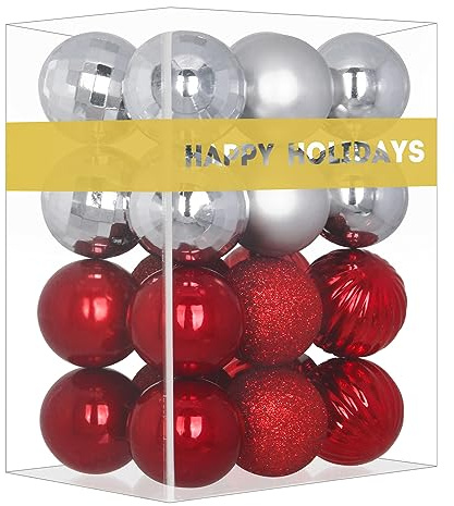 Silber & Rot 8,1 cm große Weihnachtskugeln – Weihnachtsbaumschmuck, Ornamente, bruchsicher, hängende Kugeln für Geburtstag, Halloween, Urlaub, Hochzeit, Dekorationen, Set mit 24 Stück