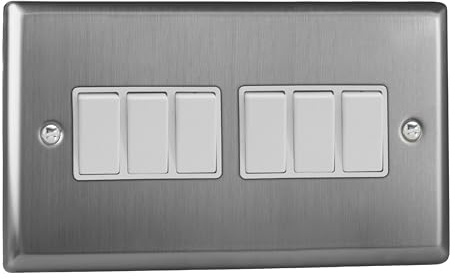 Varilight 6-Gang Rocker Light Switch 2-Way - Classic Brushed Steel With White Rockers, XT96W