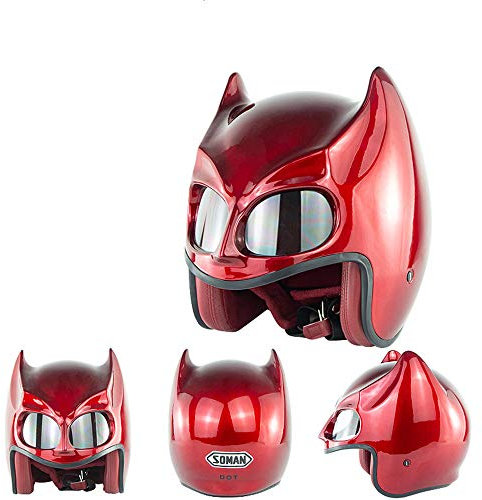 Motorradhelm, Batman Jethelm, Unisex, ABS-Material Schale, EPS-Pufferschicht, Herausnehmbares Futter,Rot,L