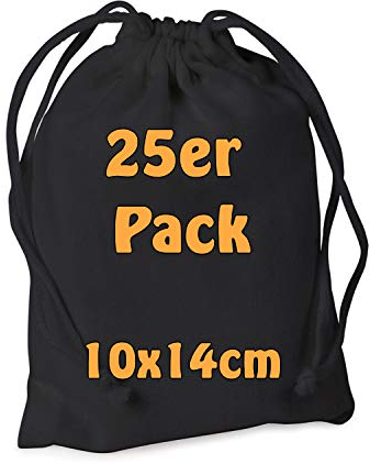 Cottonbagjoe Baumwollbeutel Stoffbeutel Stoffsäckchen mit Kordelzug Adventskalendersäckchen Schmuck Kosmetikbeutel Basteln 10x14cm (Schwarz, 25 Stück)