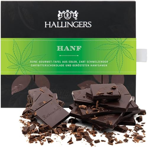 Hallingers Genuss Manufaktur Vegane Schokolade Geschenk - Tafel aus handgeschöpftem Edelkakao ohne Alkohol edler Karton Hanf Zartbitter Hanf, Geschenkidee für Frauen Männer