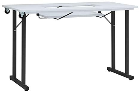 Sewing Online Tavolo da cucito pieghevole, piano bianco con gambe nere - Tavolo per macchina da cucire con piattaforma regolabile. Gambe pieghevoli per riporre e trasportare facilmente Ruote - 13399