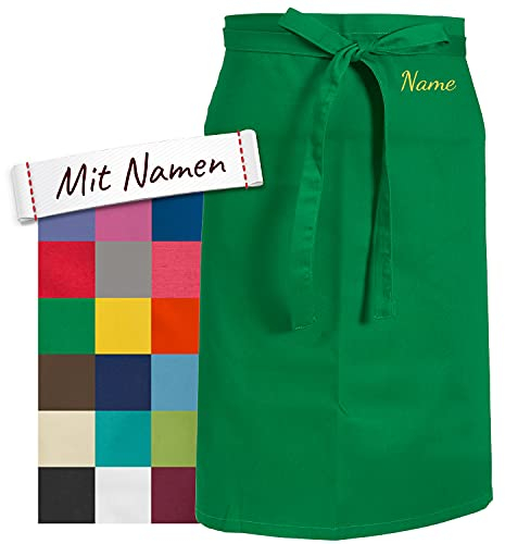 LALALO Vorbinder Schürze mit Name, hochwertig bestickt, Personalisierte Bistroschürze/Kochschürze für Damen und Herren, Malschürze/Schürze zum basteln, kochen, garten oder werken (Grün, 80x100 cm)