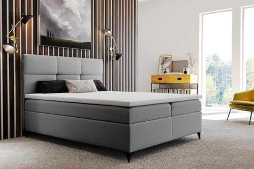 TRADA Boxspringbett 200x200 cm mit Bonellmatratze H3, LIMBA, Grau | Modern Bett mit Topper 5 cm und Metallfüße und Bettkasten
