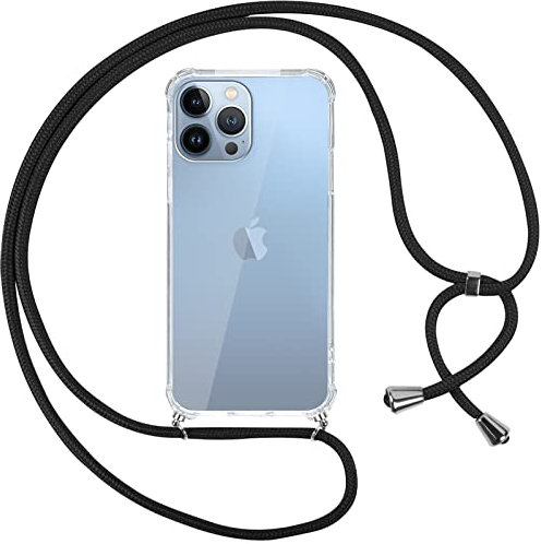 Pnakqil Collier Coque pour iPhone 13 Pro Max avec Cordon, Réglable Lanyard Housse Transparente Silicone Anti-Chute Etui pour iPhone 13Pro Max 6.7 Pouces, Ètuis à Bandoulière, Noir