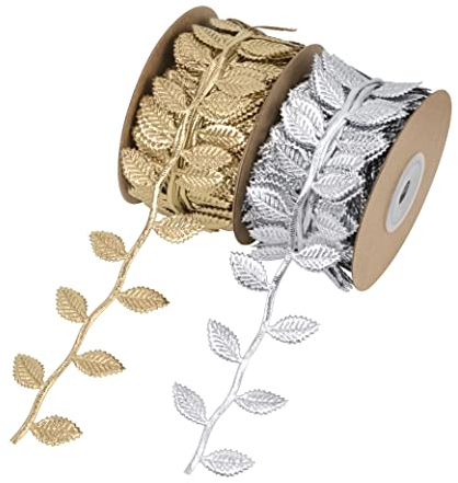 Blätter Streifen Geschenkband 22 Yards Lange Künstliches Blattband für DIY Handwerk Geschenkverpackung und Party Hochzeit Hausgarten Dekoration 2 Rollen (Gold und Silber)