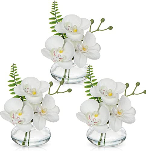 White Orchids Artificial Flowers Faux Orchids Arrangement in Clear Glass Vases Set of 3 Real Touch Phalaenopsis Orchid Flowers Small Fake Orchid Centerpiece for Dining Room Table