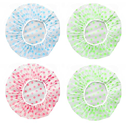 luoshaPUCY Duschhaube, 4 Stücke Elastische wasserdichte Duschhauben Damen Wiederverwendbare Kunststoff Duschkappe für Mädchen Frauen Kosmetik Zuhause Hotel Reisen (Blau, Grün, Rosa)