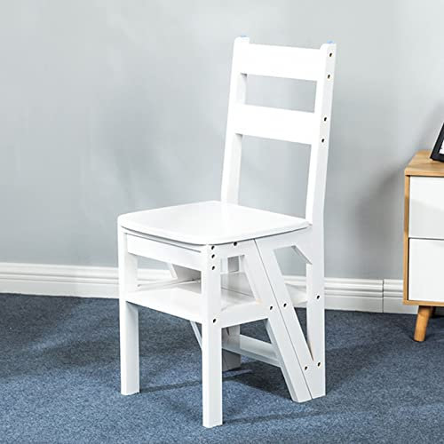 LUDIST 4 escabeau Chaise escabeau en Bois Blanc, étagère de bibliothèque Pliante de Conversion pour Cuisine et Bureau, capacité 200 kg