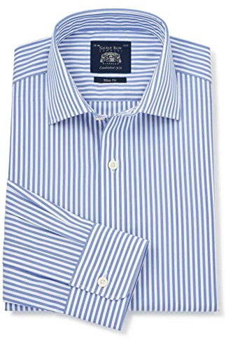 THE SAVILE ROW COMPANY LONDON Men's Slim Fit Poplin Single Cuff Formal Shirt, Blue Stripe, 15